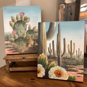Southwestern Desert Cactus Sand On Canvas Oil Painting Set Of 2